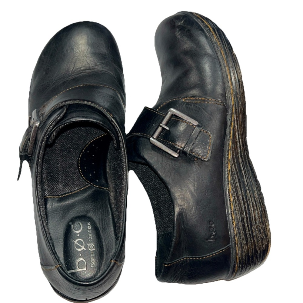 B.O.C. Black Slip On Women 8.5 Laurium Wedge Leather Shoes Clogs Loafers Comfort